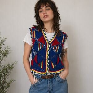 Vintage 90s Carol Little Primary Color Knit Vest Petite Cotton Blend S